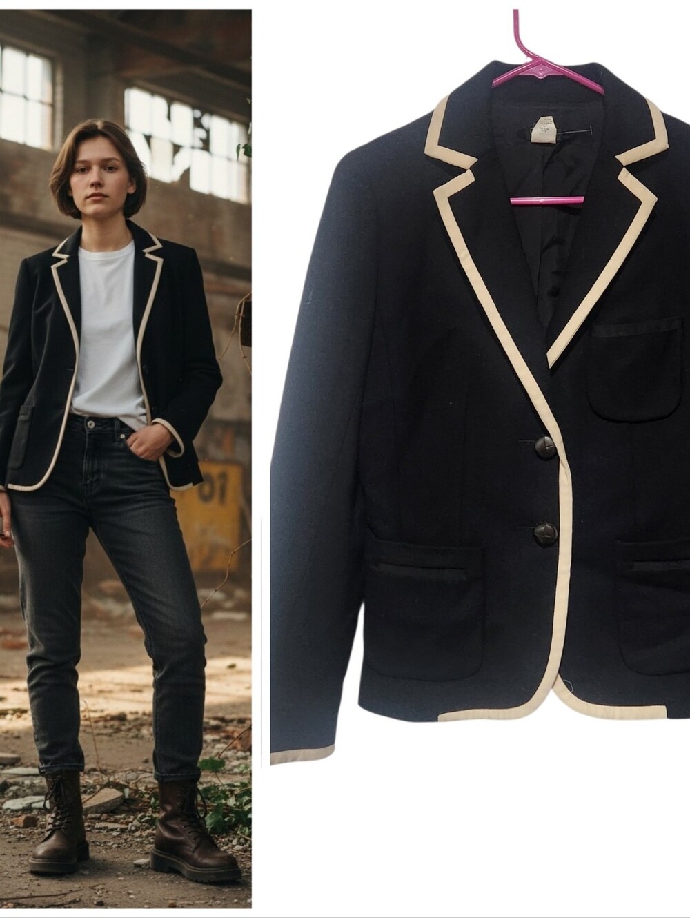 J.crew Wool Blend Blazer Jacket Black Tan Trimed Size 6